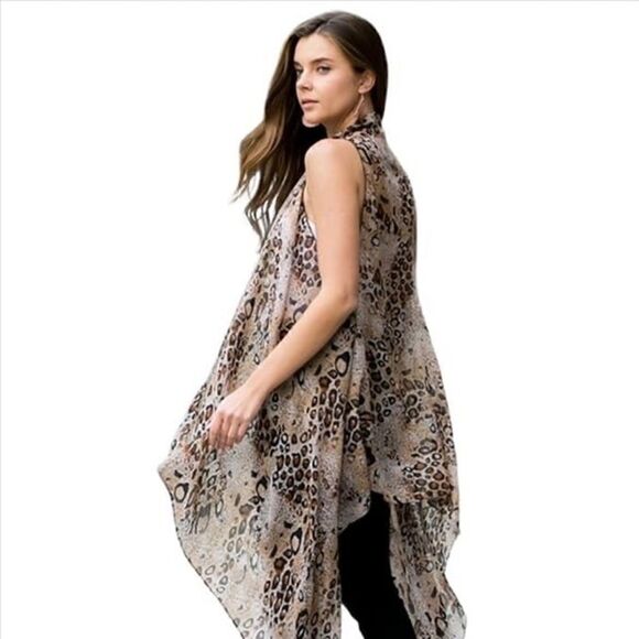 Brown Leopard Pattern Sleeveless Cardigan Kimono Layer Vest Sz OS - Picture 1 of 4
